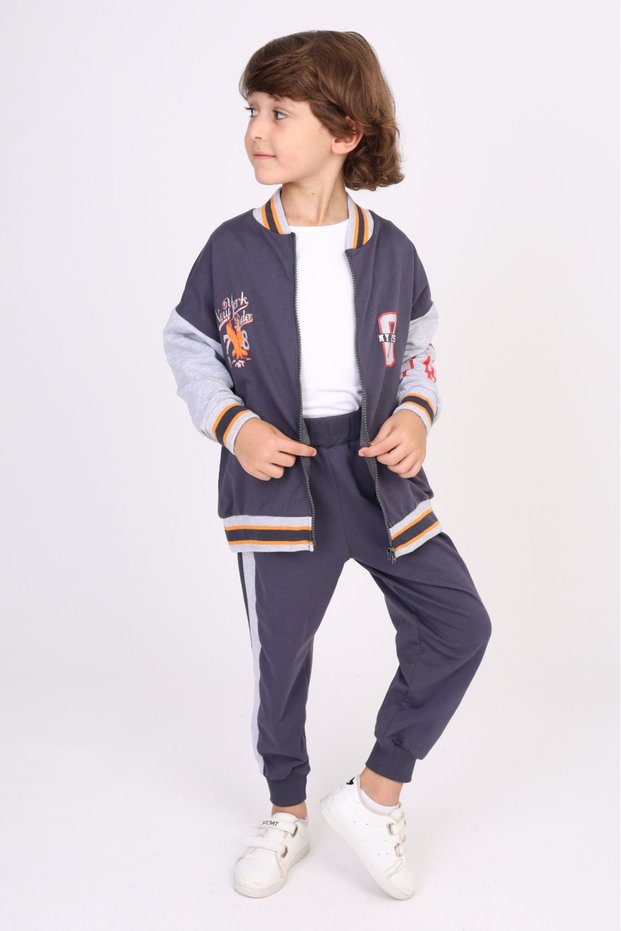 Boy's 2-Piece Set Printed College Collar Zippered Sweatshirt & Jogger with Elastic Waistband