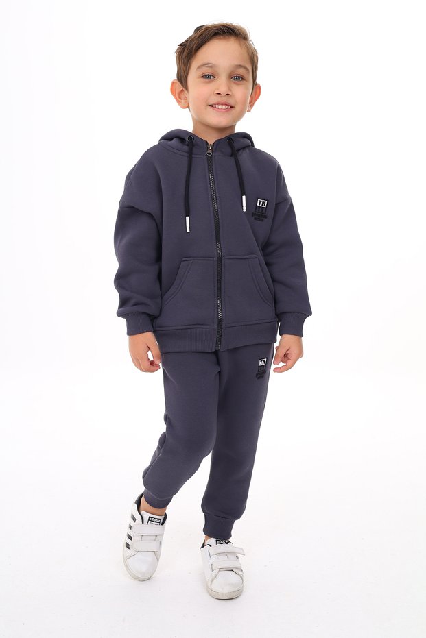 Boy's 2-Piece Set Printed Hooded Zippered Sweatshirt with Pockets & Elastic Waistband J