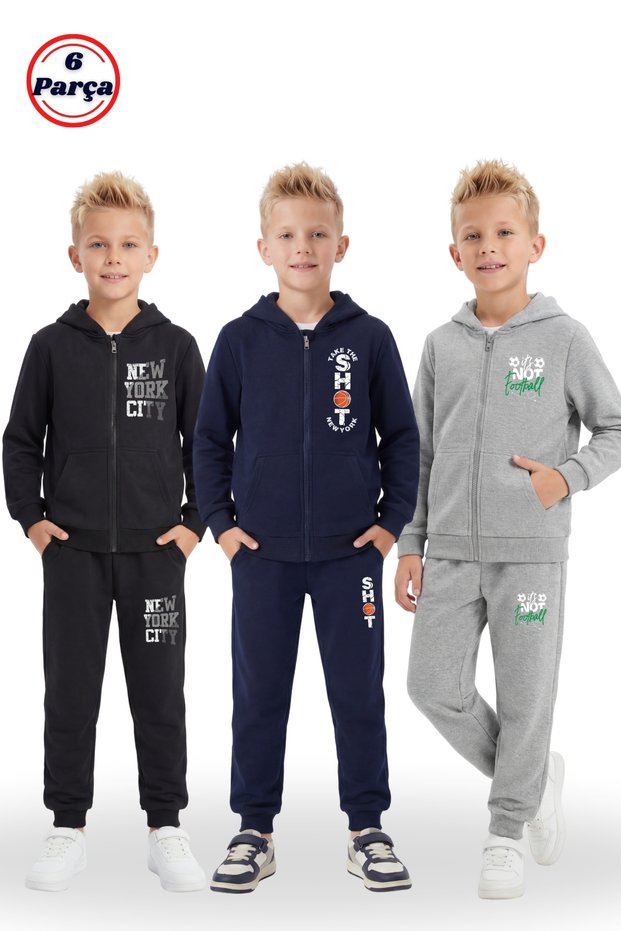 3-Piece Zippered and Hooded Print Detailed 6-Piece Boys' Tracksuit Set