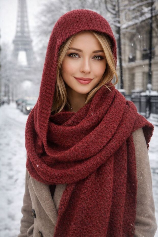 Burgundy Wool Knitwear Tie-Up Balaclava Beanie Scarf