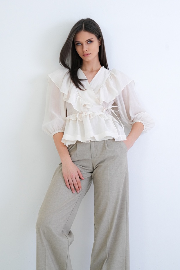 Ecru V-Neck Double-Breasted Cut Ruffle Detail Woven Blouse ALC-X15253