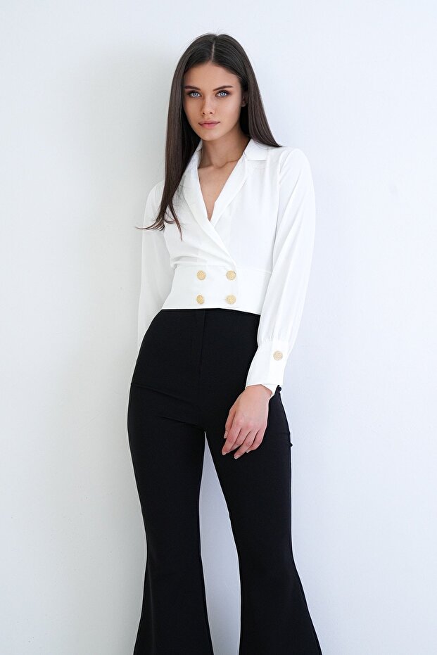 White Shirt Collar Double Breasted Cut Gold Buttoned Cuff Sleeve Blouse Alc-X15252