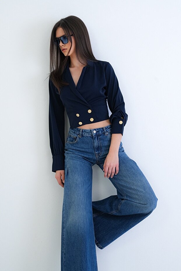 Navy Blue Shirt Collar Double-Breasted Cut Gold Buttoned Cuff Sleeve Blouse Alc-X15252