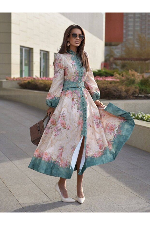 Linen Fabric Belt Detailed Model Dress