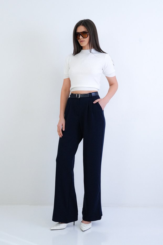 Navy Blue Double Pocket Belted Pleated Detailed Knitted Crepe Palazzo Trousers Alc-X15261