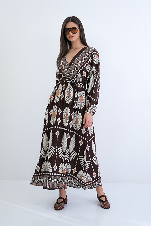 Brown V-Neck Ethnic Patterned Maxi Length Woven Summer Dress Alc-X15275