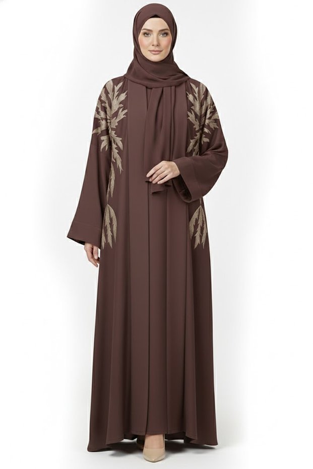 2 Pieces Women’s Abaya With Hijab Inner And Sheila Stylish Leaf Embroidery Long Sleeve Muslim Abaya