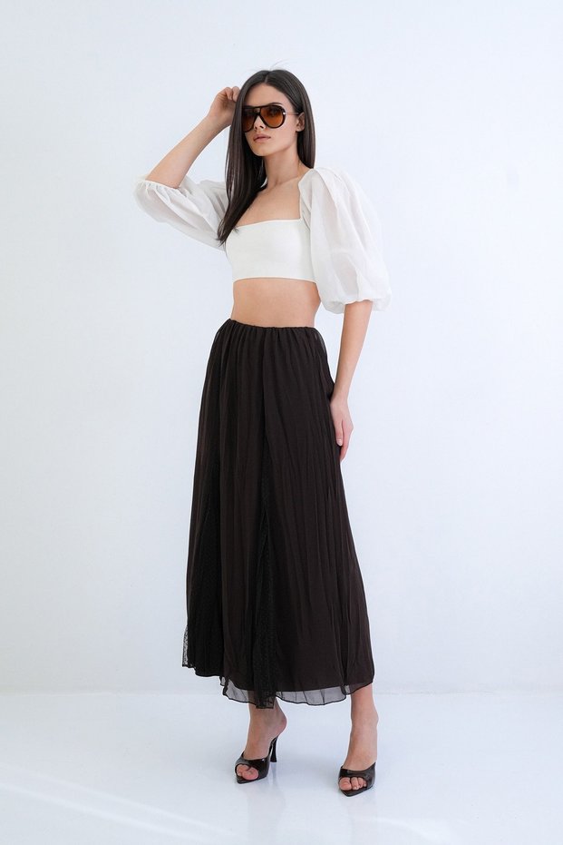 Brown Lace Detailed Lined Maxi Length Tulle Skirt Alc-X15263