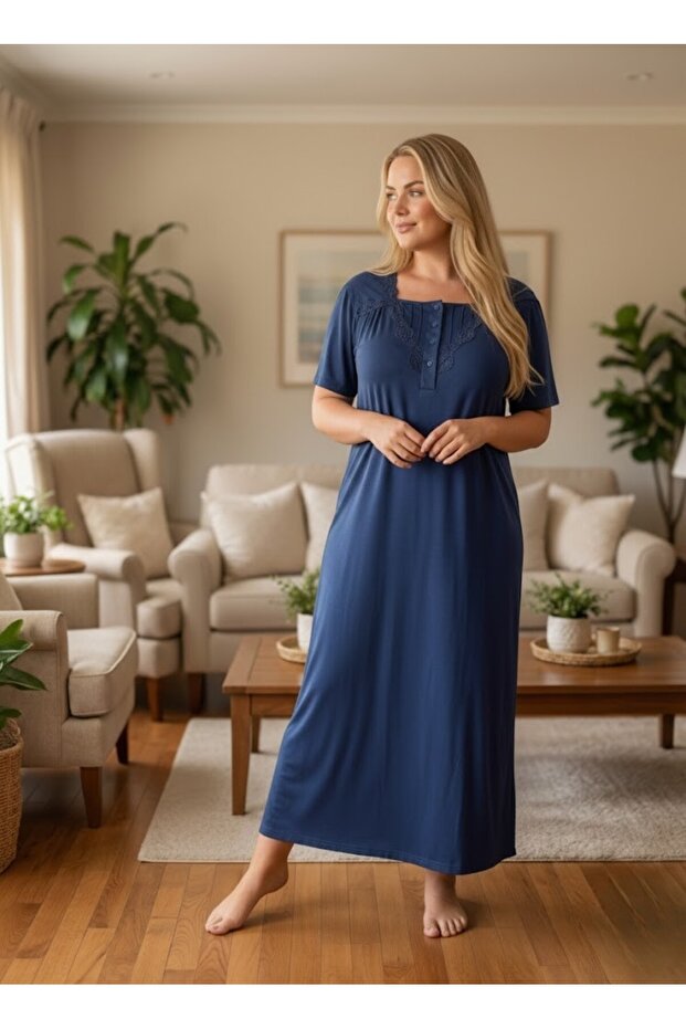 New Season Navy Blue Summer Full Length Buttoned Short Sleeve Special Design Plus Size (Oversize) Nightgown