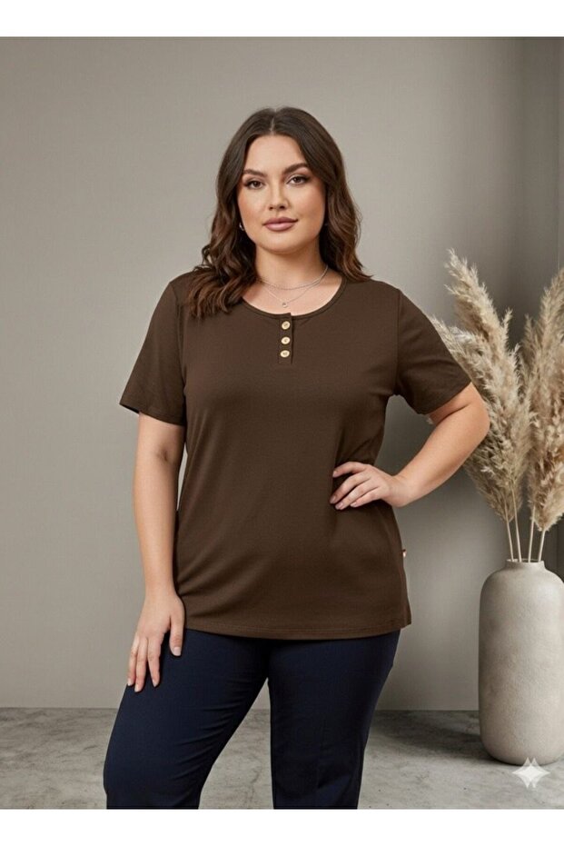 Women's Plus Size Basic Button Detailed Short Sleeve T-Shirt