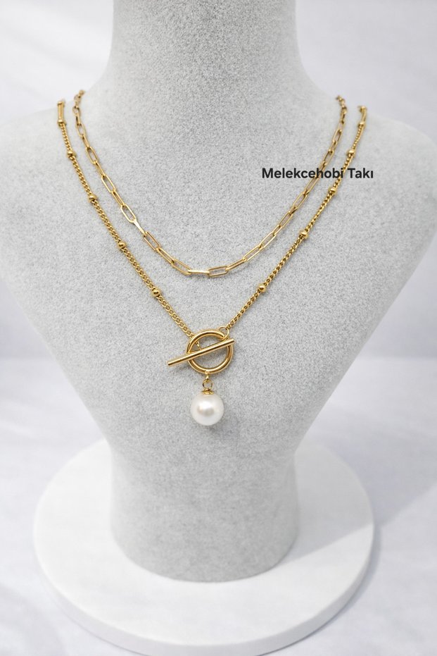 Melekcehobi Jewelry Pearl Detailed Gold Color Women's Double Necklace