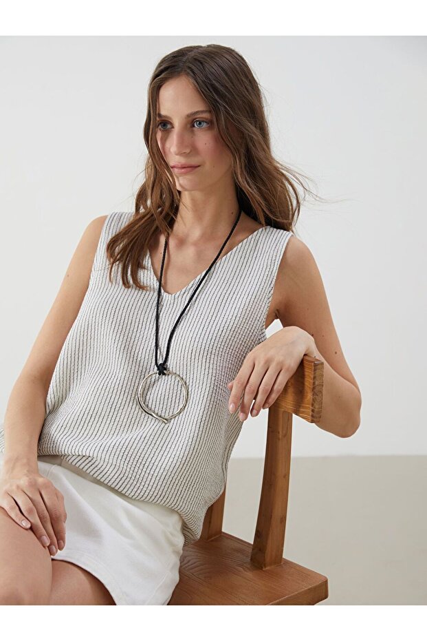 V Neck Striped Muslin Blouse
