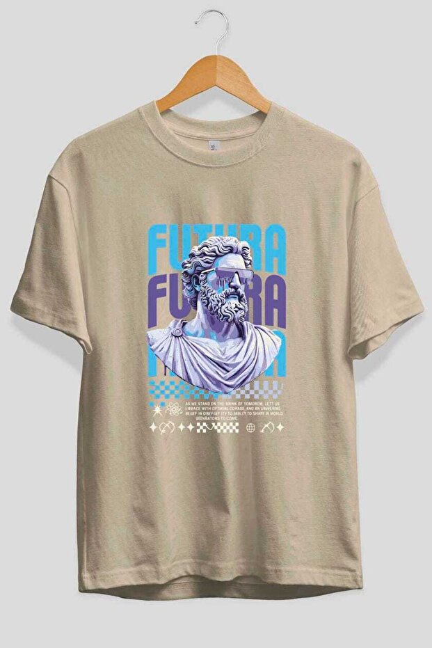 Futura Zeus Front Printed Beige Oversize T-Shirt Men's Women's Cotton Crew Neck T-Shirt