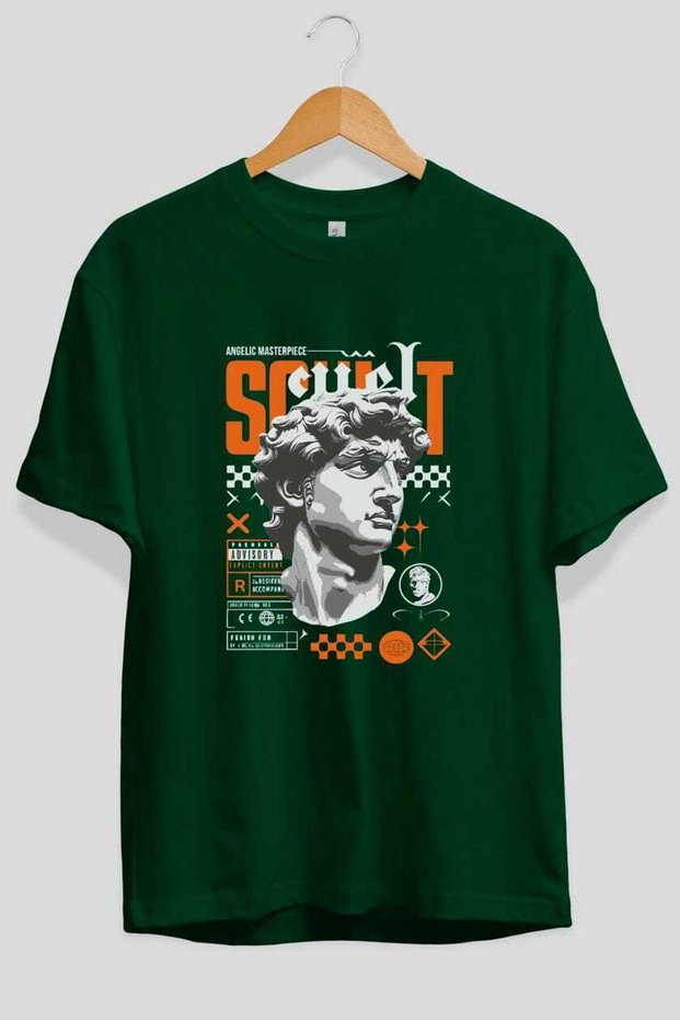 Scult Front Printed Green Oversize T-Shirt Men Women Cotton Crew Neck T-Shirt