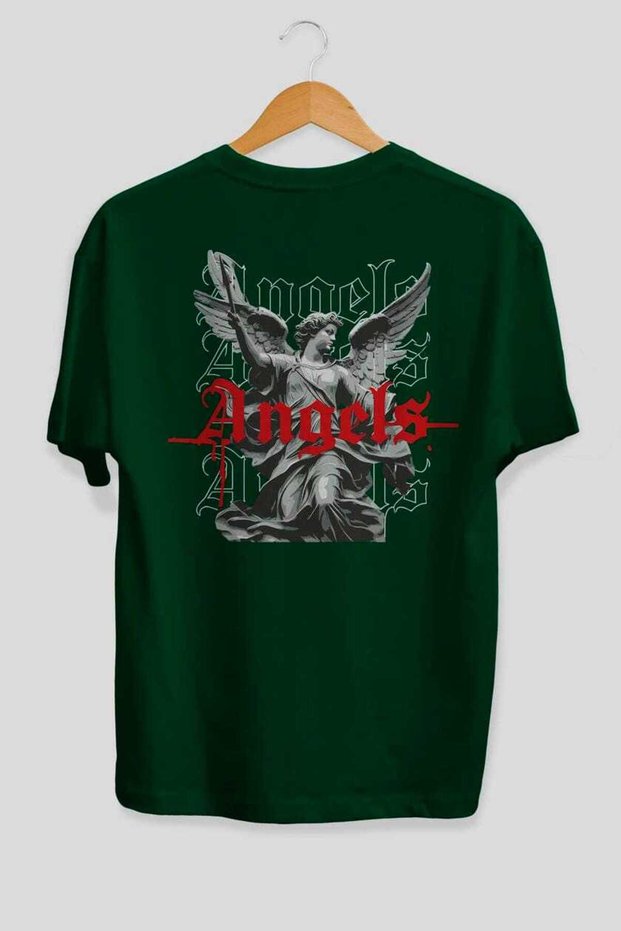 Angels Back Printed Green Oversize T-Shirt Men Women Cotton Crew Neck T-Shirt