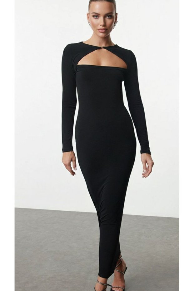 Black Cut Out/Window Detail Knitted Stylish Evening Dress Night Graduation Dress 0022