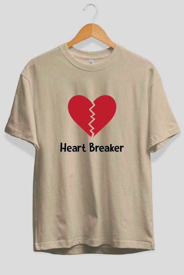 Heart Breaker Front Printed Beige Oversize T-Shirt Men Women Cotton Crew Neck T-Shirt