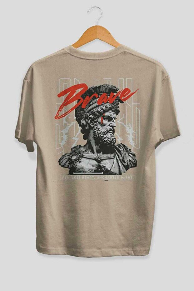 Brave Back Printed Beige Oversize T-Shirt Men's Women's Cotton Crew Neck T-Shirt