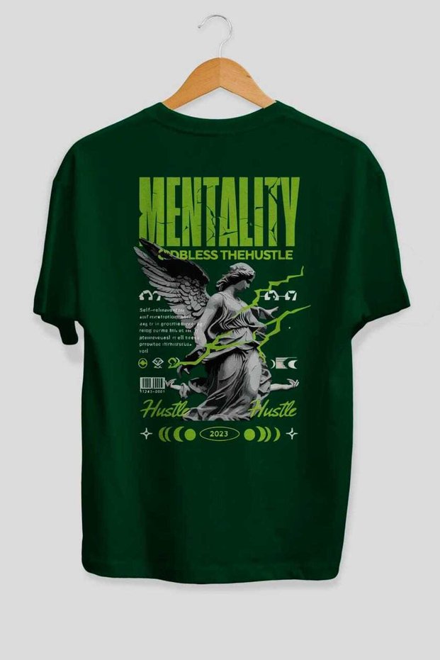 Mentality Back Printed Green Oversize T-Shirt Men Women Cotton Crew Neck T-Shirt
