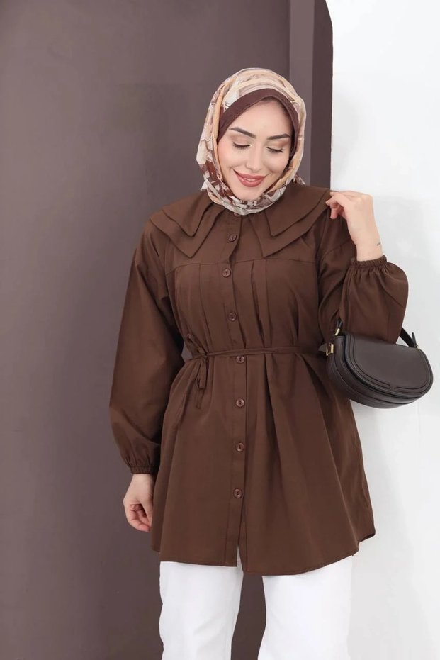 Women's Brown Retro Wide Double Collar Pleated Belted Waist Long Sleeve Woven Tunic Shirt