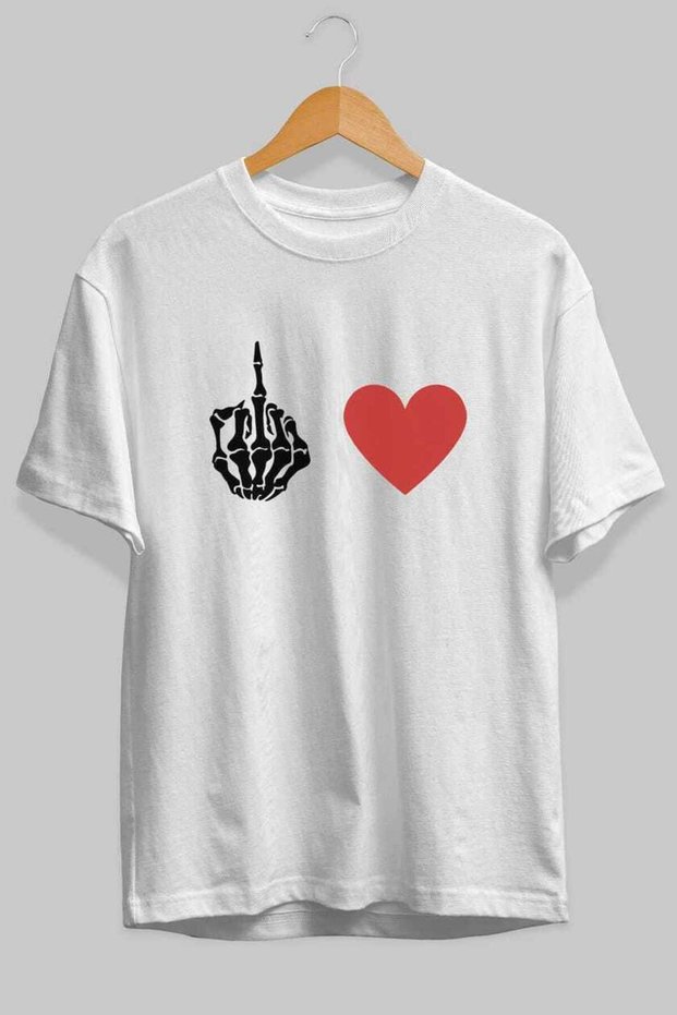 Heart and Finger Front Printed White Oversize T-Shirt Men Women Cotton Crew Neck T-Shirt