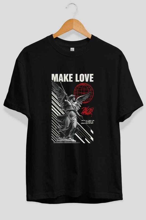 Make Love Front Printed Black Oversize T-Shirt Men Women Cotton Crew Neck T-Shirt