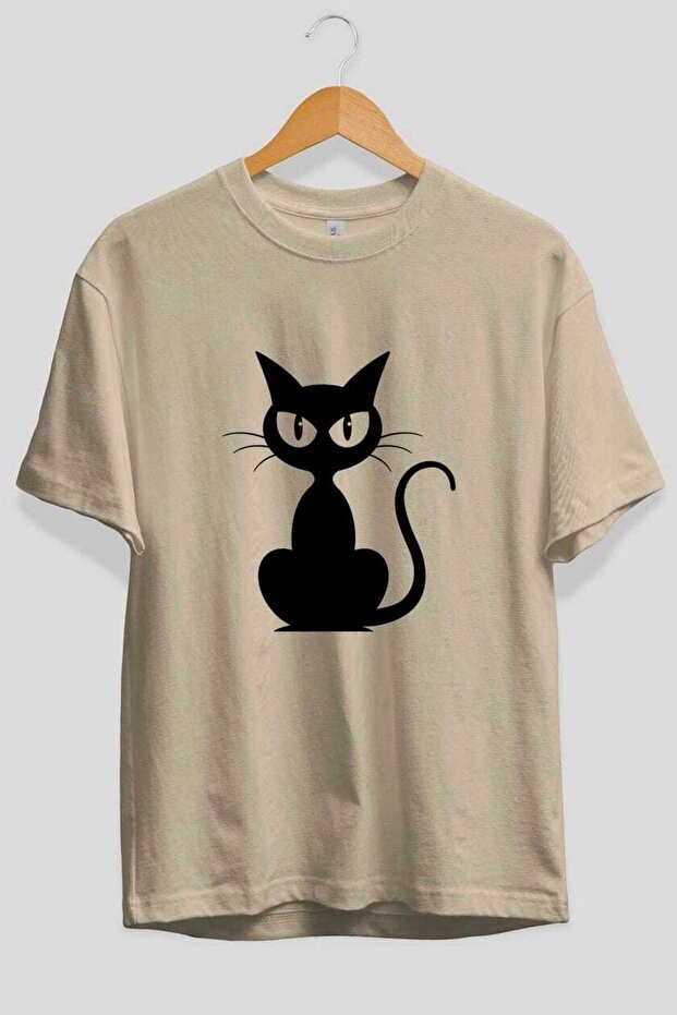 Cat Design Front Printed Beige Oversize T-Shirt Men Women Cotton Crew Neck T-Shirt