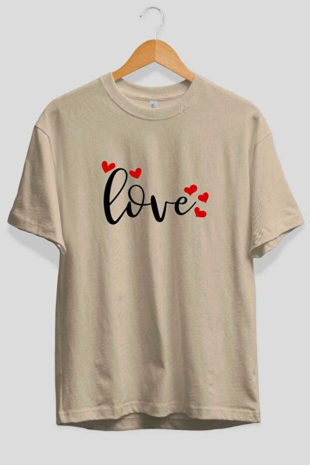 Love (3) Front Printed Beige Oversize T-Shirt Men Women Cotton Crew Neck T-Shirt