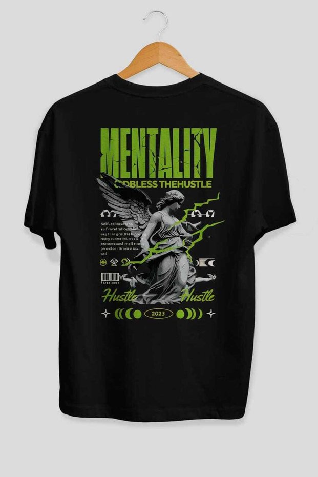 Mentality Back Printed Black Oversize T-Shirt Men Women Cotton Crew Neck T-Shirt