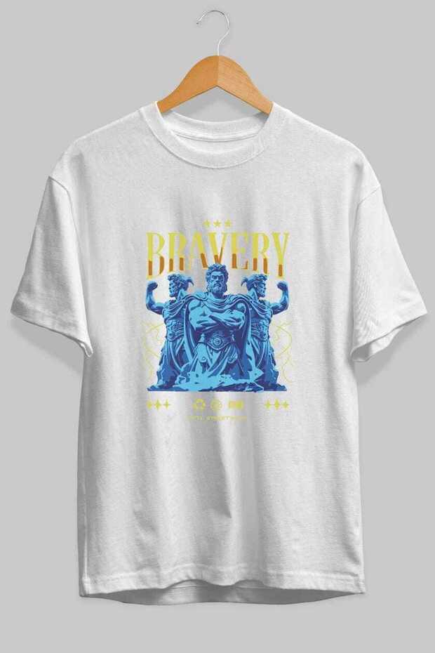 Bravery Front Printed White Oversize T-Shirt Men Women Cotton Crew Neck Tshirt