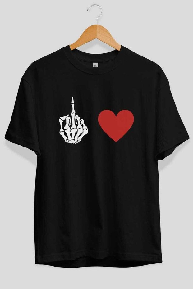 Heart and Finger Front Printed Black Oversize T-Shirt Men Women Cotton Crew Neck T-Shirt
