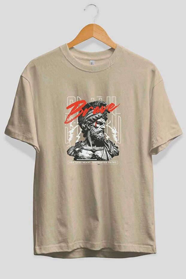 Brave Front Printed Beige Oversize T-Shirt Men's Women's Cotton Crew Neck T-Shirt