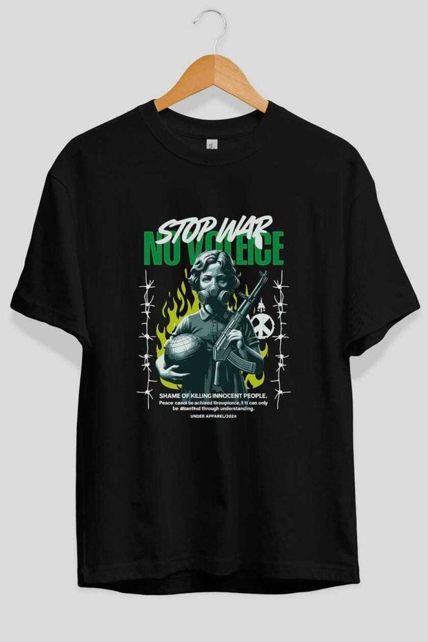 Stop War Front Printed Black Oversize T-Shirt Men Women Cotton Crew Neck T-Shirt