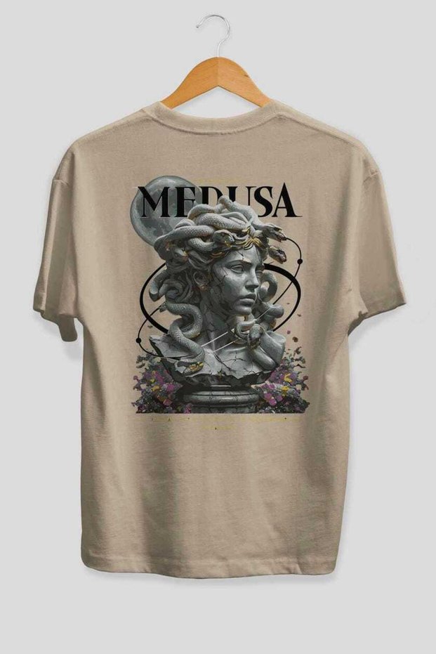 Medusa Back Printed Beige Oversize T-Shirt Men's Women's Cotton Crew Neck T-Shirt