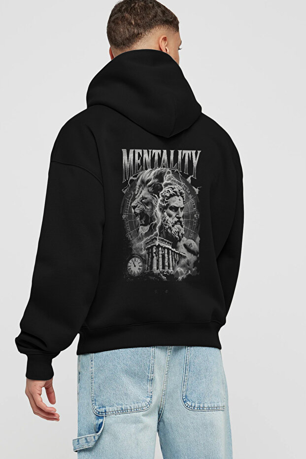 Mentality Zeus Back Printed Black Oversize Hooded Sweatshirt Men Women