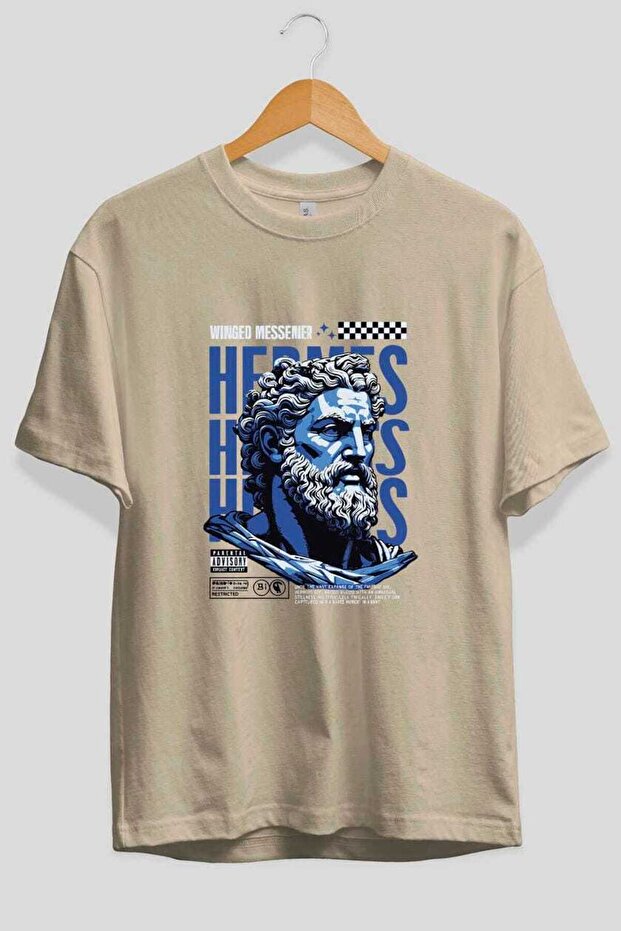 Hermes 1 Front Printed Beige Oversize T-Shirt Men's Women's Cotton Crew Neck T-Shirt