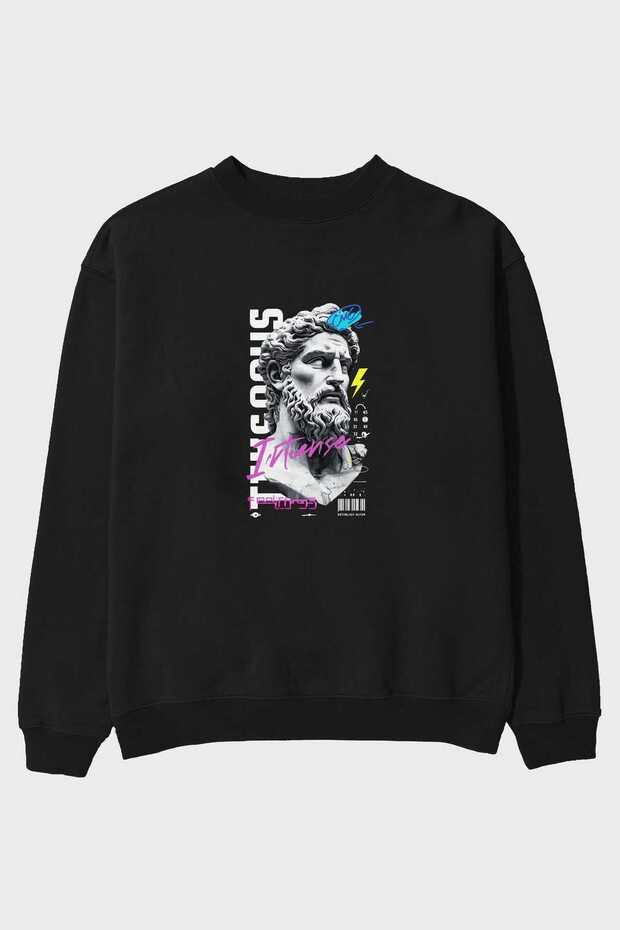 Zeus Intense Front Printed Black Oversize Sweatshirt Men Women Unisex
