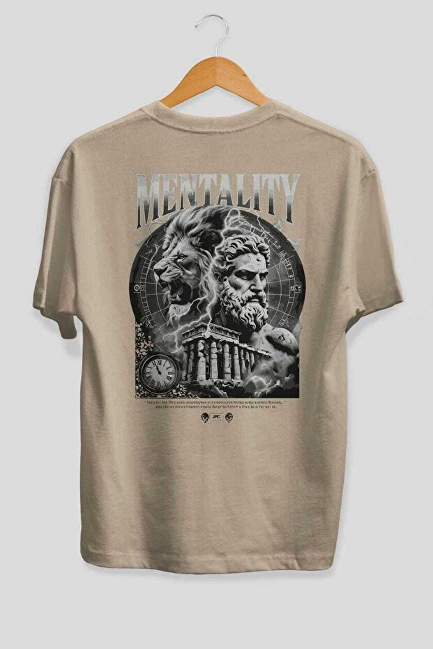 Mentality Zeus Back Printed Beige Oversize T-Shirt Men Women Cotton Crew Neck T-Shirt