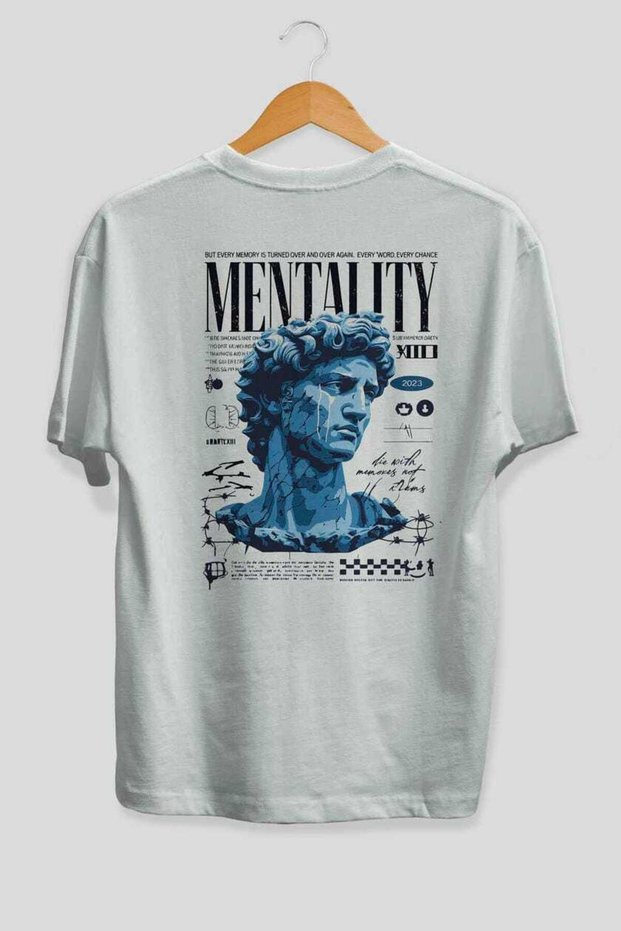 Mentality 2 Back Printed White Oversize T-Shirt Men Women Cotton Crew Neck T-Shirt