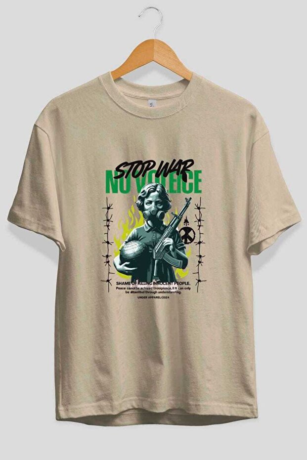 Stop War Front Printed Beige Oversize T-Shirt Men Women Cotton Crew Neck T-Shirt