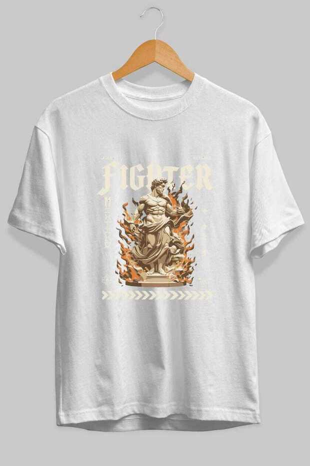 Fighter Front Printed White Oversize T-Shirt Men Women Cotton Crew Neck T-Shirt