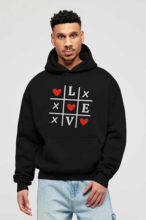 Love Xoxo Front Printed Black Oversized Hooded Sweatshirt for Men and Women