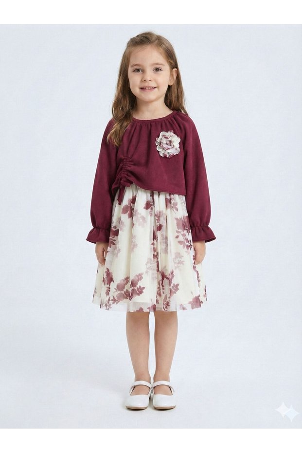 Lace Detailed Waist and Sleeve Gathered Girls' Dress 4-8 Years 4418