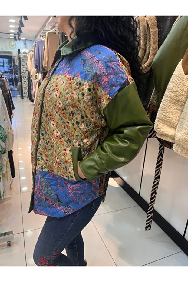 Suni Deri Kollu Kapitone Patchwork Ceket - 2