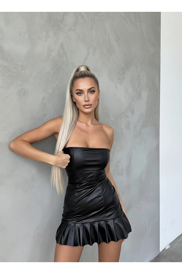 Deri Mini Pileli Elbise - 1