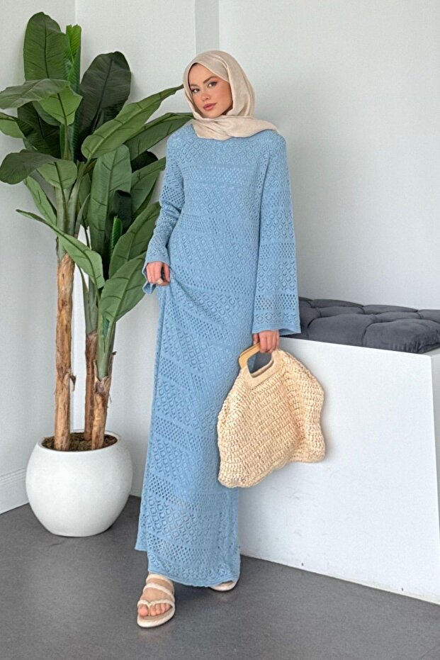 Ajur Örme Elbise Mavi - 1