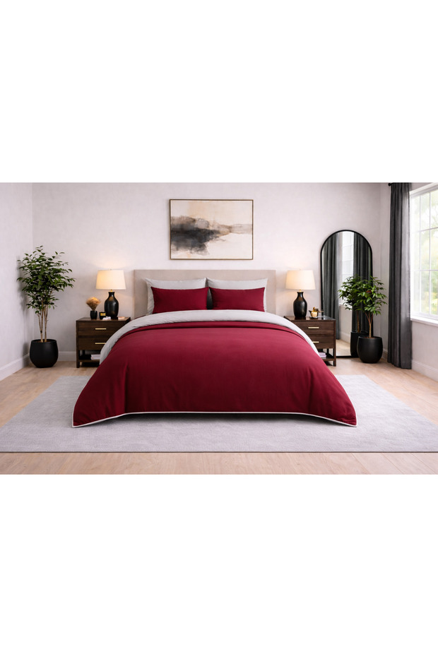 Duvet Cover Set Ranforce Double - Reversible (4 Pieces) - Burgundy - Gray