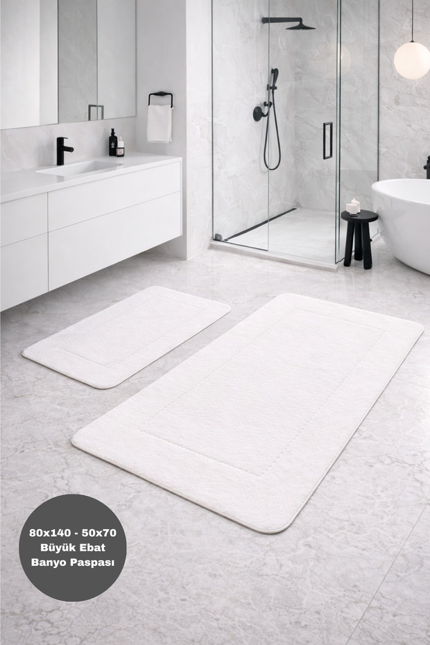 Serenza Cream Large Size Bath Mat Set of 2 80X140 & 50X70 Non-Slip Base