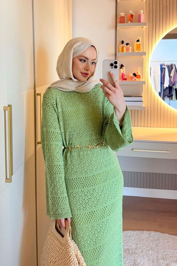 Ajur Örme Elbise Yeşil - 2