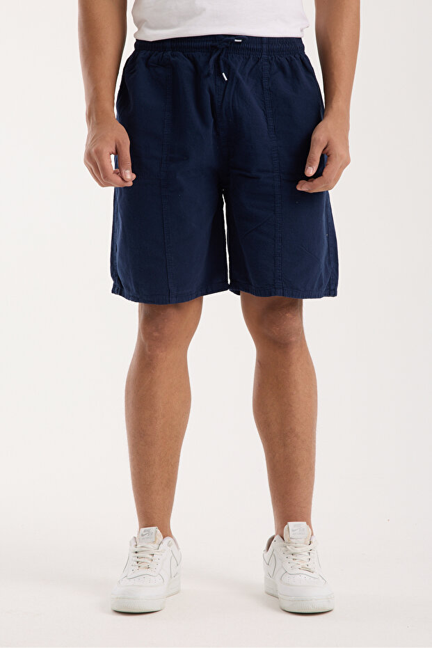 Navy Blue Men's Cotton-Linen Blend Shorts